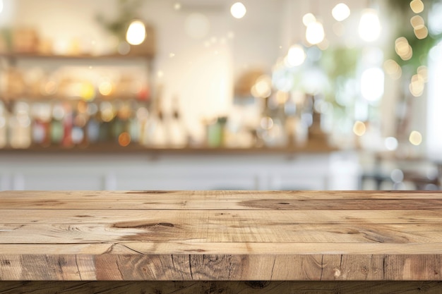 Table et étagère en bois dans un café pour l'exposition de produits