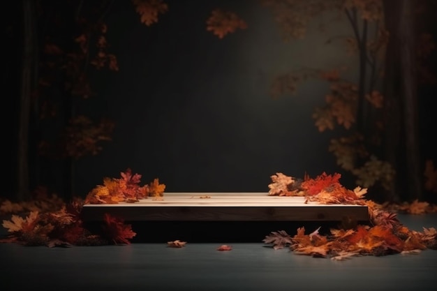 Une table avec une étagère avec des feuilles d'automne dessus