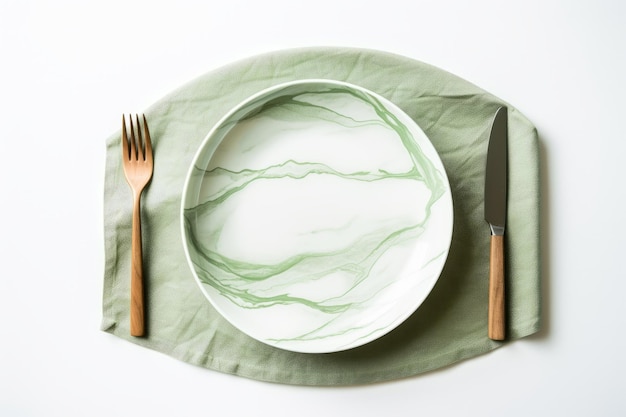 Table d'été minimaliste écologique, assiette en marbre vide avec tissu vert sur fond texturé