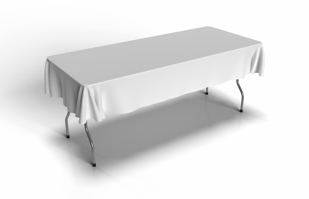 Photo table d'événement coureur tissu blanc blanc sur une table de chevalet métallique et isolé sur un fond blanc