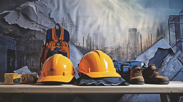 Table d'exposition avec chapeaux de construction et équipement de sécurité