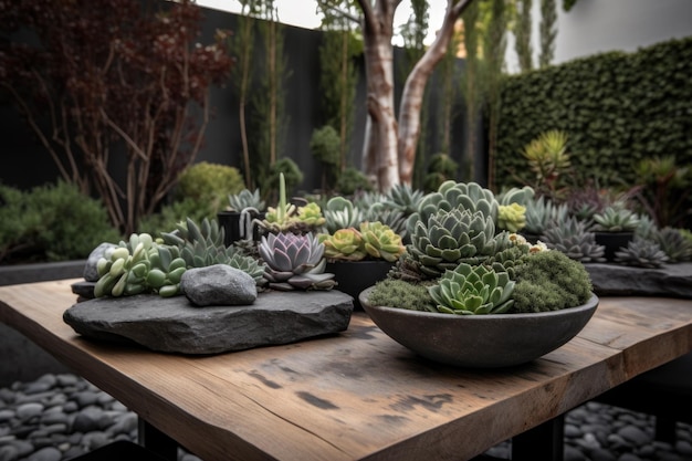 Table d'extérieur avec pièce maîtresse succulente et assiettes en pierre naturelle créées avec une IA générative