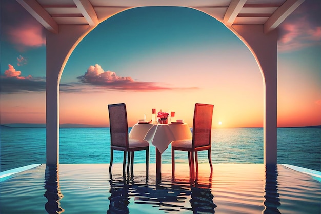 Table extérieure romantique pour dîner en couple avec piscine à débordement et vue sur le paysage marin sous le coucher du soleil pour lune de miel