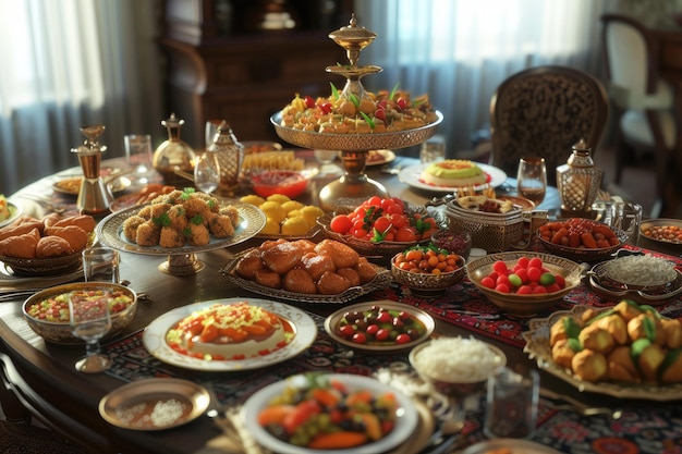 Une table familiale 3D avec divers types de repas traditionnels du Ramadan