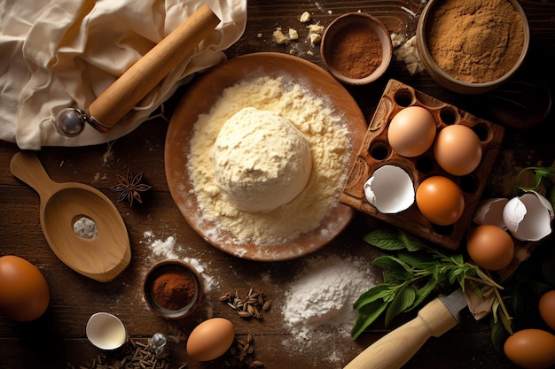 Une table avec de la farine, des œufs et d'autres ingrédients dont une boule de beurre.