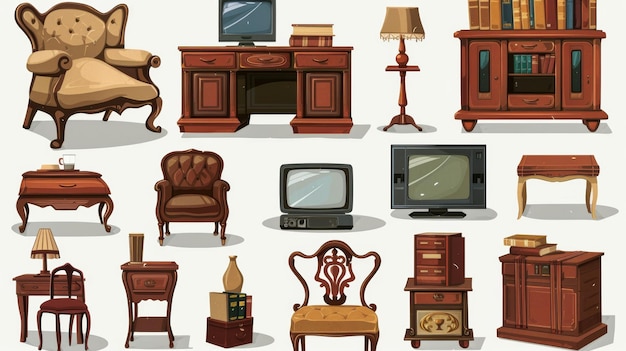 Table de fauteuil vintage avec livres et moniteur chaise en bois boîtes en carton TV et lampes isolées sur fond blanc Set de dessins animés modernes avec meubles vintage stockage d'archives au grenier de la maison