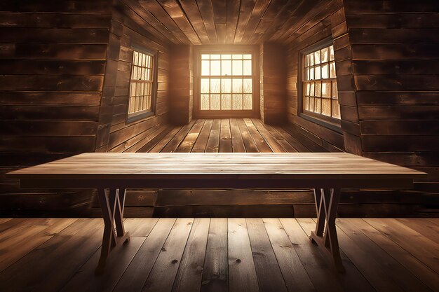 Table et fenêtre en bois dans une pièce sombre