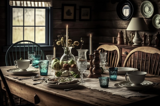 Table de ferme dressée pour un dîner en famille avec vaisselle et verres