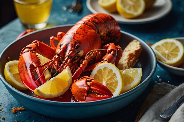 Photo table de festin de homard avec du beurre fondu et du citron