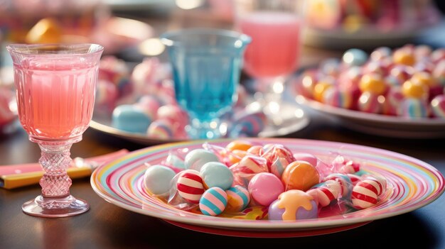 Photo une table festive avec des bonbons colorés et des boissons sur des ustensiles de table vibrants