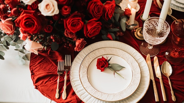 Table festive avec des bougies et de belles fleurs rouges