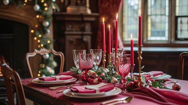 Table festive avec des bougies de couverts et de belles fleurs rouges dans un vase