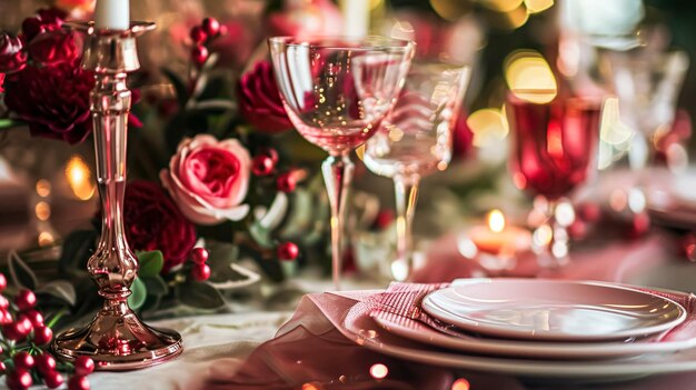 Table festive avec des bougies de couverts et de belles fleurs rouges dans un vase