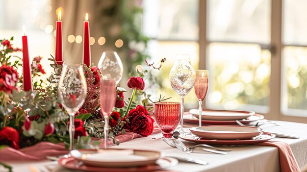 Table festive avec des bougies de couverts et de belles fleurs rouges dans un vase