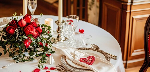 Table festive avec des bougies de couverts et de belles fleurs rouges dans un vase