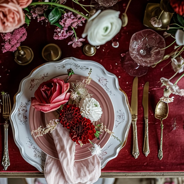 Table festive avec des bougies de couverts et de belles fleurs rouges dans un vase