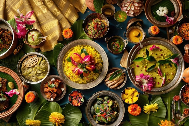 Une table festive avec des plats traditionnels d'Ugadi