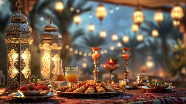 Une table festive avec des sucreries de Ramadan une lanterne et des éléments décoratifs pendant les heures du soir