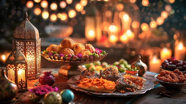 Une table festive avec des sucreries de Ramadan une lanterne et des éléments décoratifs pendant les heures du soir