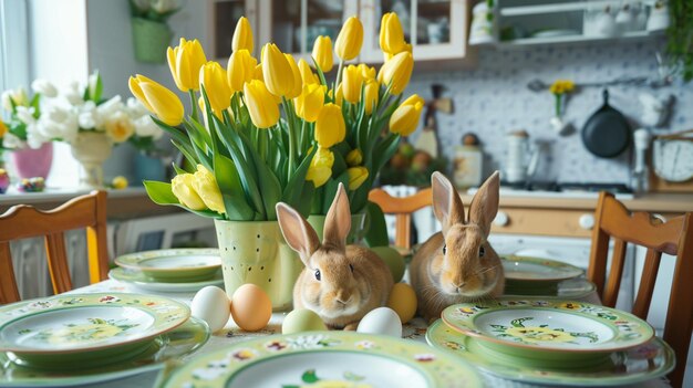 Table festive avec des tulipes jaunes et des lapins de Pâques dans la cuisine