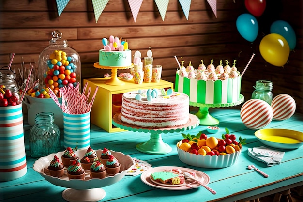 Photo table de fête d'anniversaire avec plats et bonbons pour les vacances des enfants