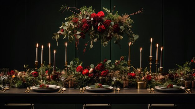 Table de fête avec assiettes, bougies et bouquet floral Table dressée pour banquet dans un restaurant de luxe