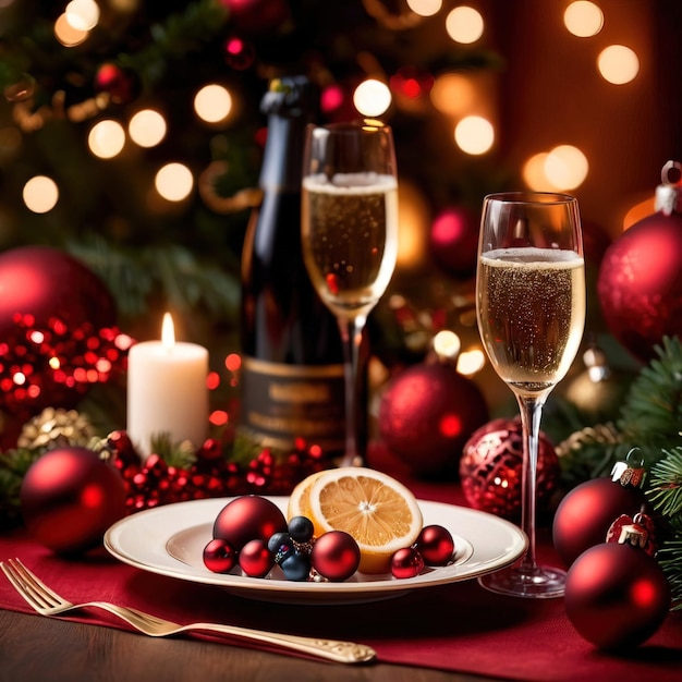 table de fête avec du champagne et des ornements de Noël