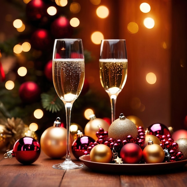 table de fête avec du champagne et des ornements de Noël