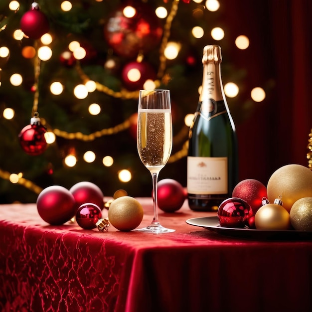 table de fête avec du champagne et des ornements de Noël