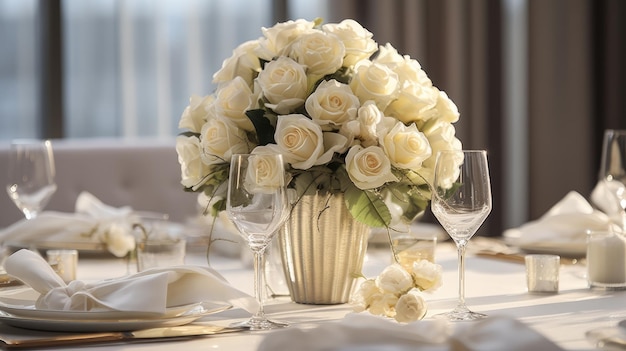 Une table de fête élégante décorée pour un mariage avec des bouquets de roses blanches une incarnation de la félicité matrimoniale et de l'élégance florale