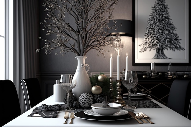 Table de fête festive avec arbre d'ornement dans le salon