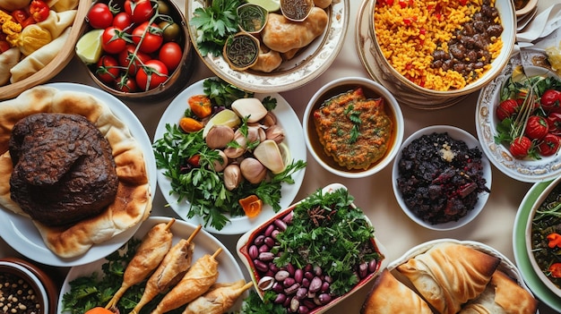 Photo table de fête iftar du ramadan kareem avec assortiment de plats arabes traditionnels festifs ai generative