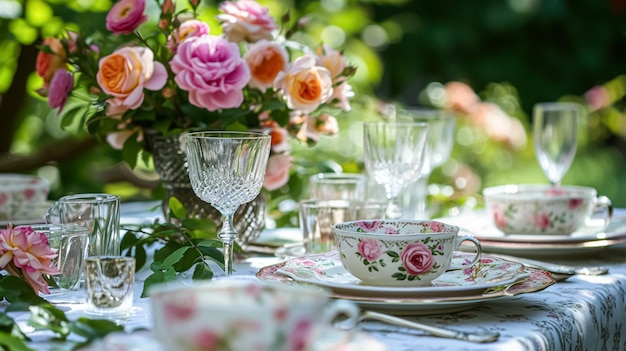 Table de fête de jardin élégance du paysage avec une décoration de table florale