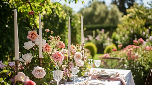 Table de fête de jardin élégance du paysage avec une décoration de table florale