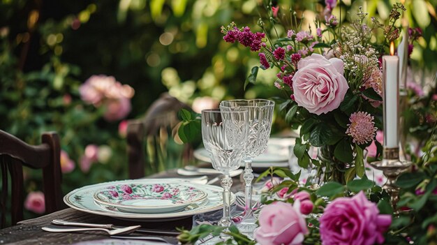 Table de fête de jardin élégance du paysage avec une décoration de table florale