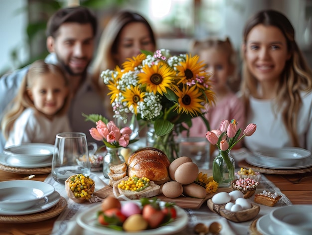 Table de fête de Pâques avec de la nourriture et de la famille en arrière-plan