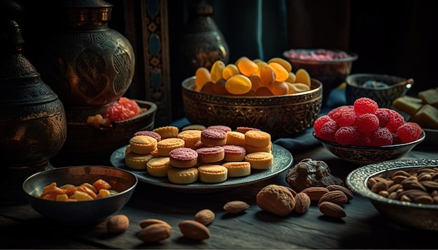 Table de fête Ramadan kareem Iftar avec une variété de bonbons arabes traditionnels