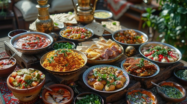 Table de fête Ramadan kareem Iftar avec une variété de plats arabes traditionnels de fête, de bonbons et de dattes