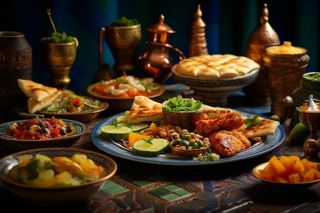 Photo table de fête ramadan kareem iftar avec une variété de plats arabes traditionnels de fête