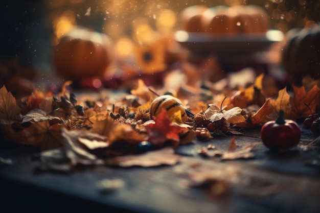 Une table avec des feuilles et des citrouilles dessus