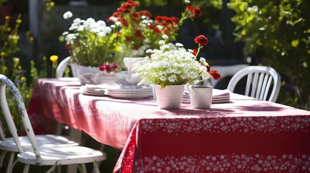 Une table avec des fleurs et des assiettes.