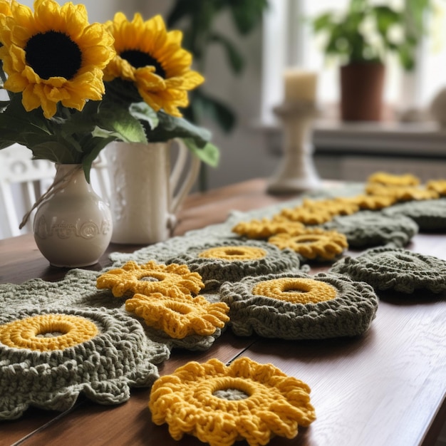 Une table avec des fleurs au crochet et des fleurs au crochet dessus