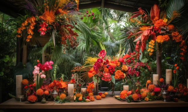 Une table avec des fleurs et des bougies en arrière-plan