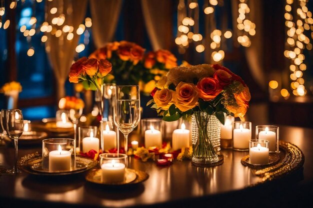 une table avec des fleurs et des bougies et des bougies dessus