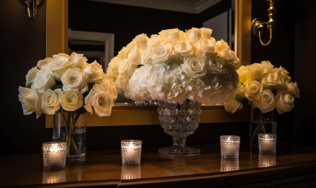 Une table avec des fleurs et des bougies dessus