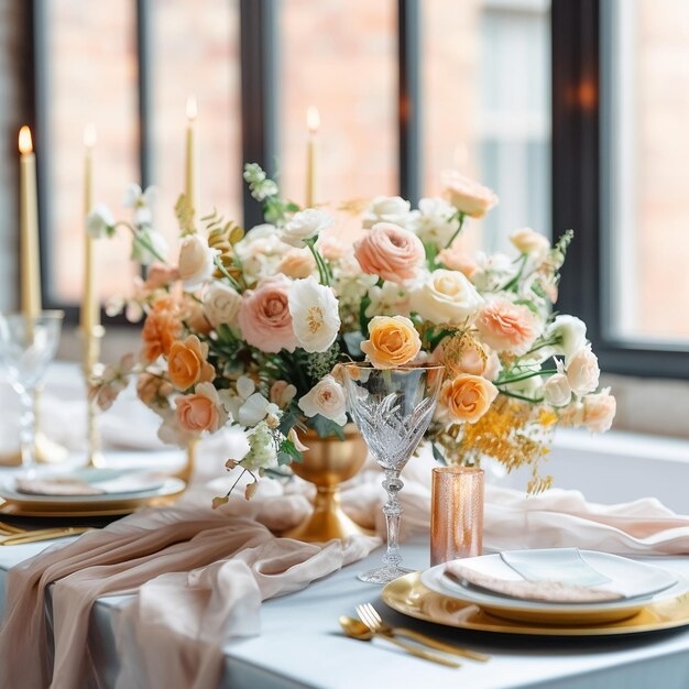Une table avec des fleurs et des bougies dessus