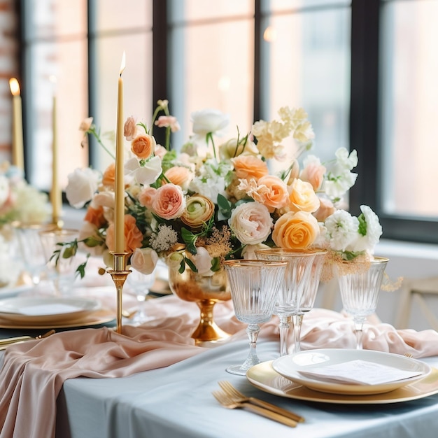 Une table avec des fleurs et des bougies dessus