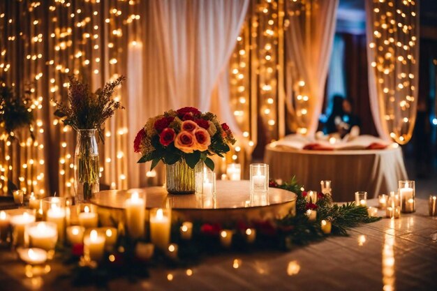 une table avec des fleurs et des bougies sur elle et une table avec Des bougies et des fleurs sur elle