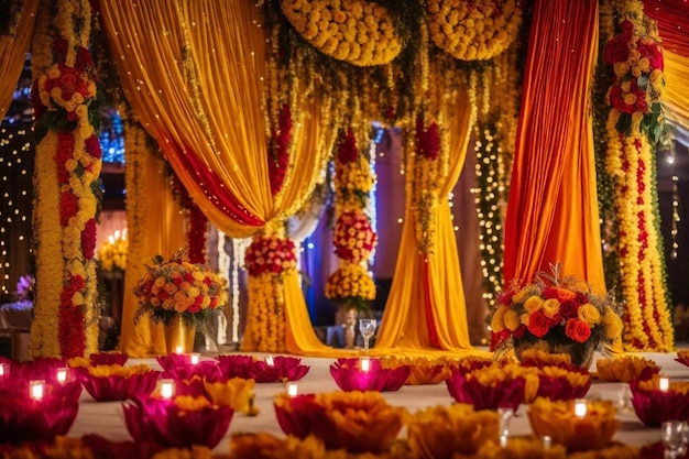 Photo une table avec des fleurs et des bougies et un lustre avec des fleures dessus