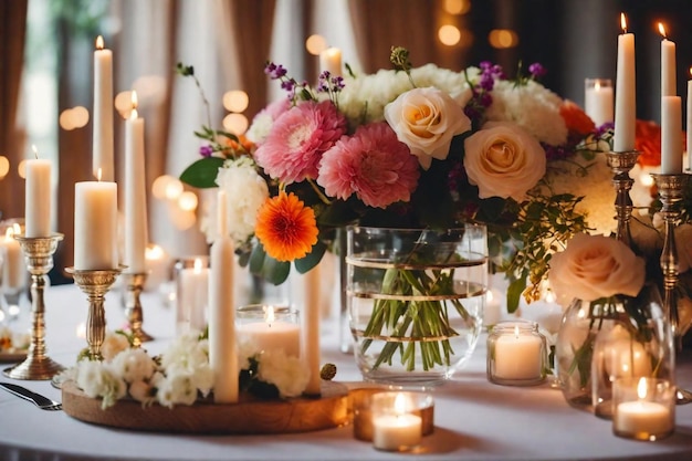 une table avec des fleurs et des bougies